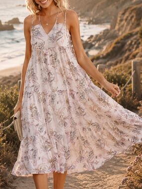 Floral Spaghetti-Strap Midi Dress in Blush Pink
